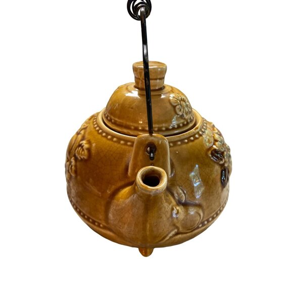 Vintage Japanese Ceramic Teapot Brown Glaze Floral Peach Design Wire Handle - Picture 4 of 11